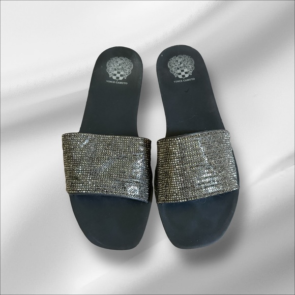 Vince Camuto Jaquell Pool Slides! Black and Silver Sequined EUC Size 8 - Picture 4 of 13